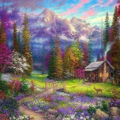 Mountain Cabin In The Woods Cross Stitch..