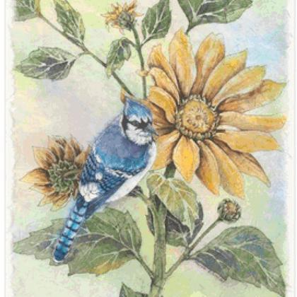 Birds Sunflower Blue Jay Cross Stitch..