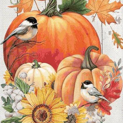 Pumpkins Flowers Birds Cross Stitch..